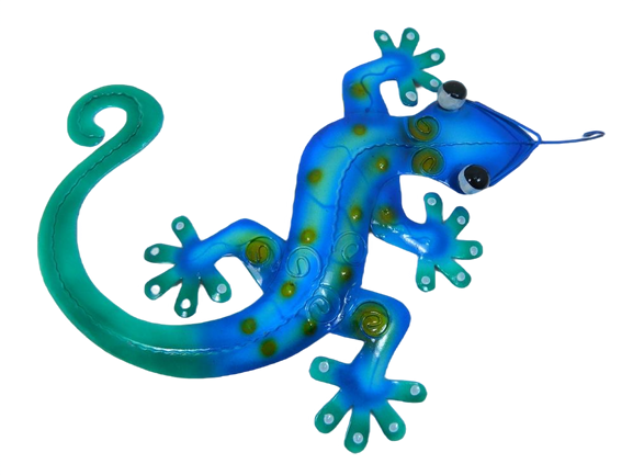 Metal Gecko Garden Ornament Lizard Wall Art Hanging Single -Blue with Green Tail